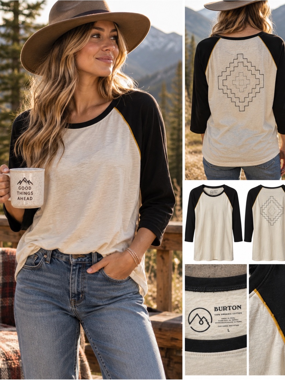 Burton Women’s Organic Cotton Raglan Baseball Top Size Large Black Cream Boho